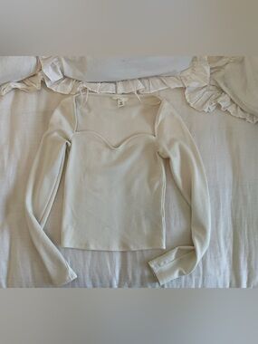 H&M Ribbed Sweetheart Long-Sleeve Top - Cream